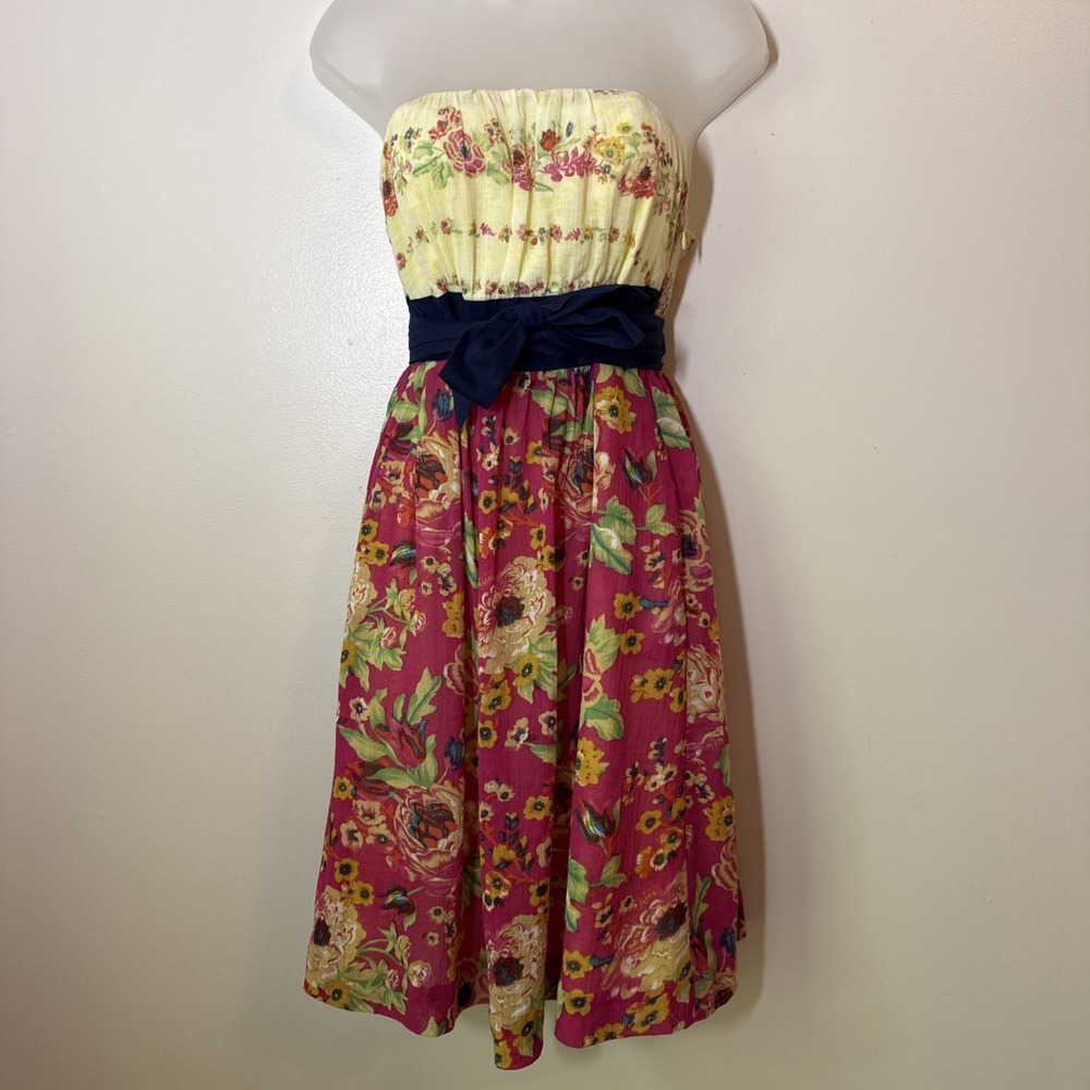 Anthropologie Maeve Yellow and‎ Pink Blissful Days Strapless Dress Size 4 Summer